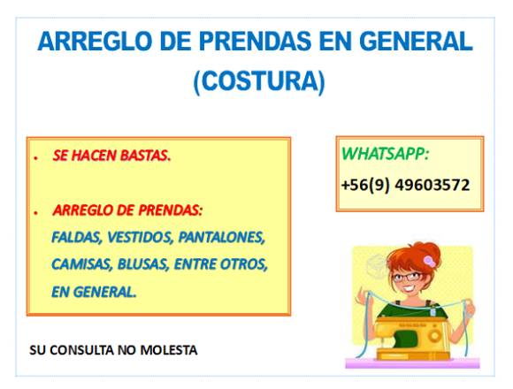 SE HACEN BASTAS Y ARREGLOS DE PRENDAS (EN GENERAL) en Iquique (Comuna)