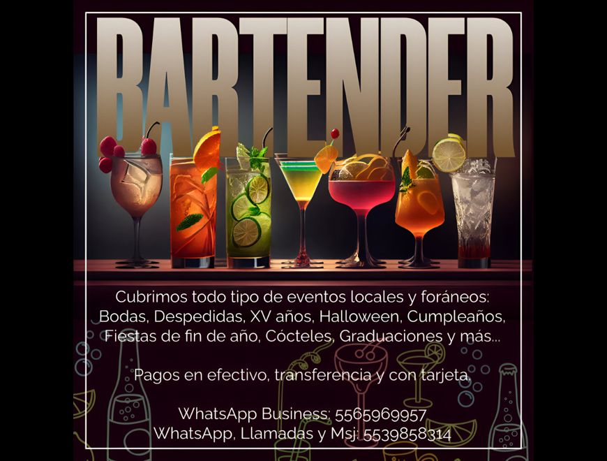 Bartender y coctelería profesional para eventos.