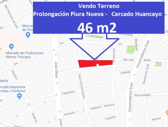 Terreno registrado 46 m2. Prolongación PiuraNueva en Huancayo (Distrito)