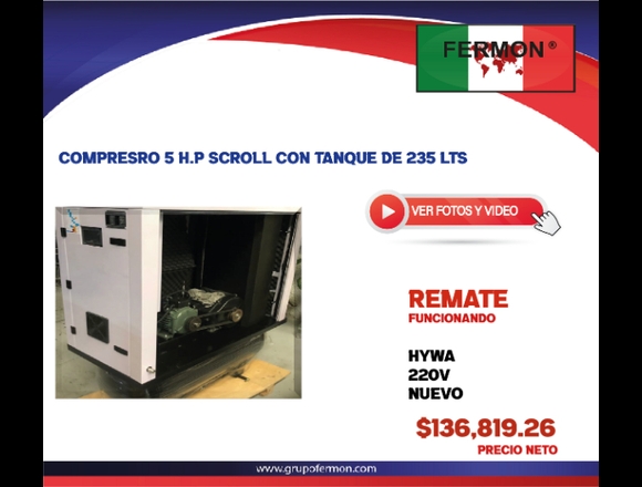 COMPRESOR DE 5HP SCROLL CON TANQUE DE 235 LTS L/A.