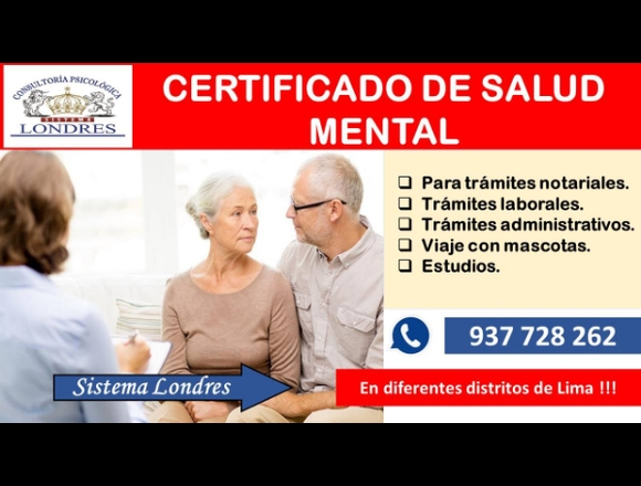 CERTIFICADO DE SALUD MENTAL en San Martín de Porres (Lima 31) (Distrito)