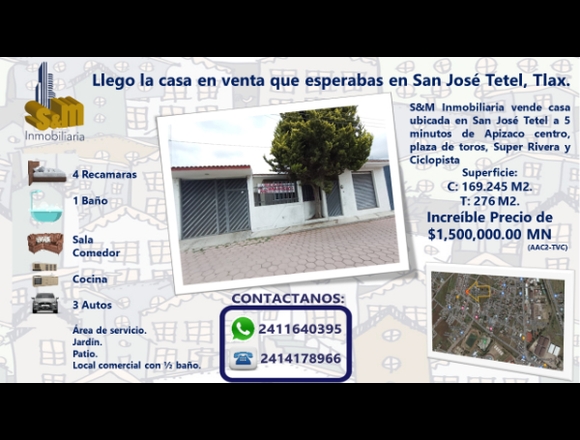 Llego casa en venta en San José Tetel, Tlax.