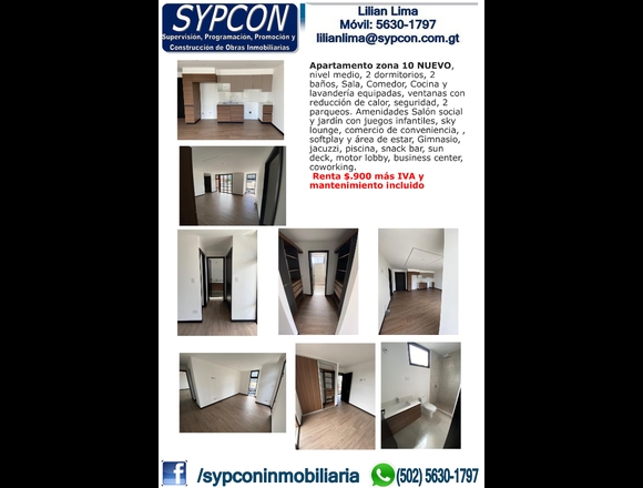Apartamento zona 10 NUEVO de 2 dormitorios en Ciudad de Guatemala (Municipio)