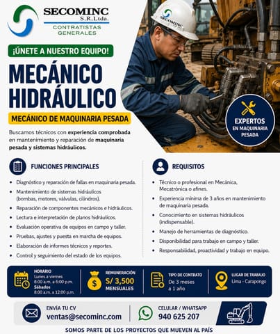 Mecánico hidráulico para maquinaria pesada en Lima (Lima 1) (Distrito)