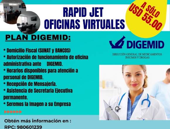 ALQUILER DE OFICINA VIRTUAL-DIGEMID en Miraflores (Lima 18) (Distrito)