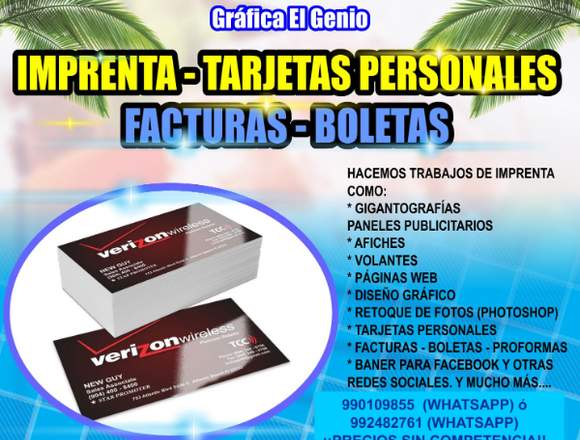 IMPRENTA - TARJETAS P. - FACTURAS - BOLETAS en Breña (Lima 5) (Distrito)