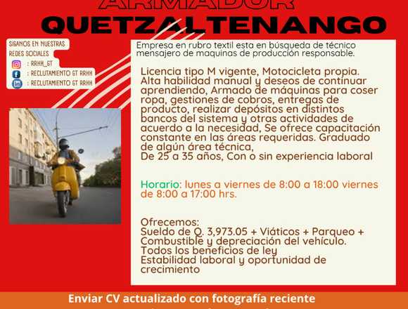 Contrataremos Mensajero Dama Costurera en Mixco (Municipio)