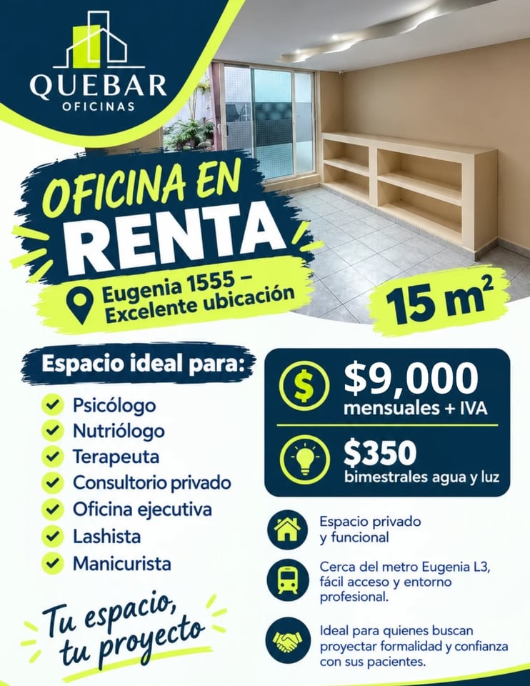 Oficina privada en renta de 15 m2 en Eugenia CDMX en Benito Juárez (Municipio)