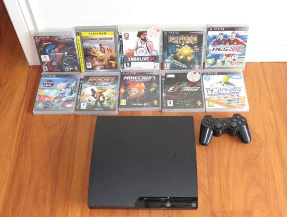 Play Station 3 Slim, con 10 juegos y 1 control