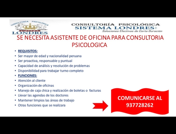 ASISTENTE DE OFICINA en Lima (Lima 1) (Distrito)