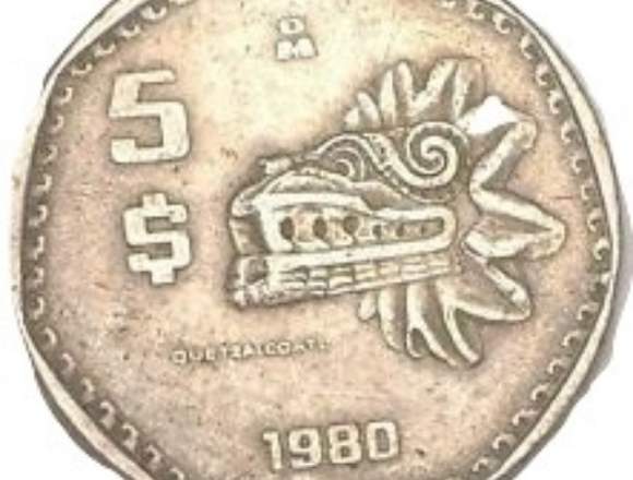 Moneda 5 Pesos Quetzalcoatl Mexico 1980 Usado en Toluca (Municipio)