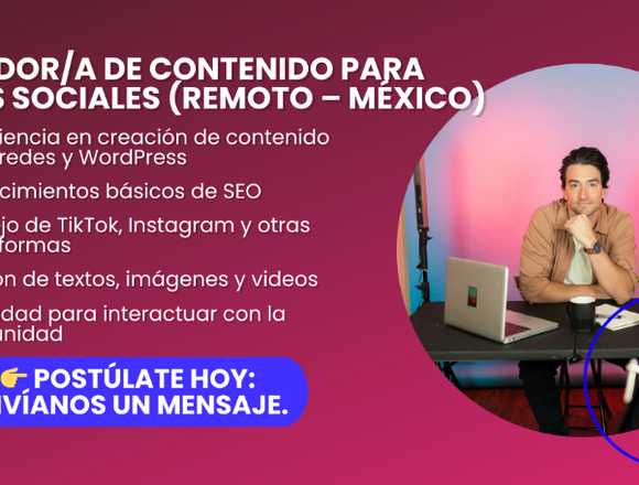 Creador de contenido para redes sociales remoto en Álvaro Obregón (Municipio)