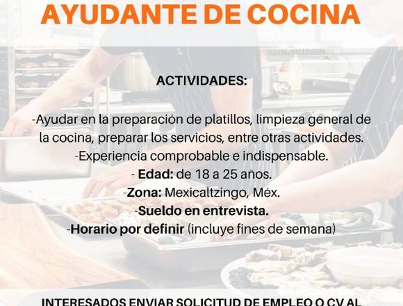 VACANTE DISPONIBLE: AYUDANTE DE COCINA