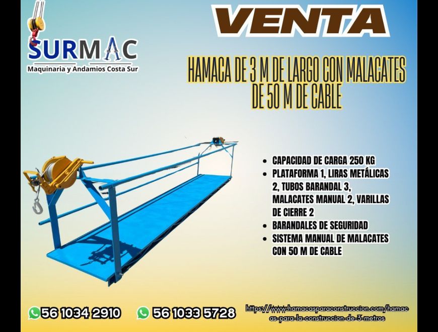 Hamaca de 3m de largo con malacates 50 m de cable