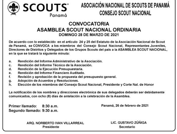 Convocatoria a Asamblea Scouts Ordinaria en Panamá (Distrito)