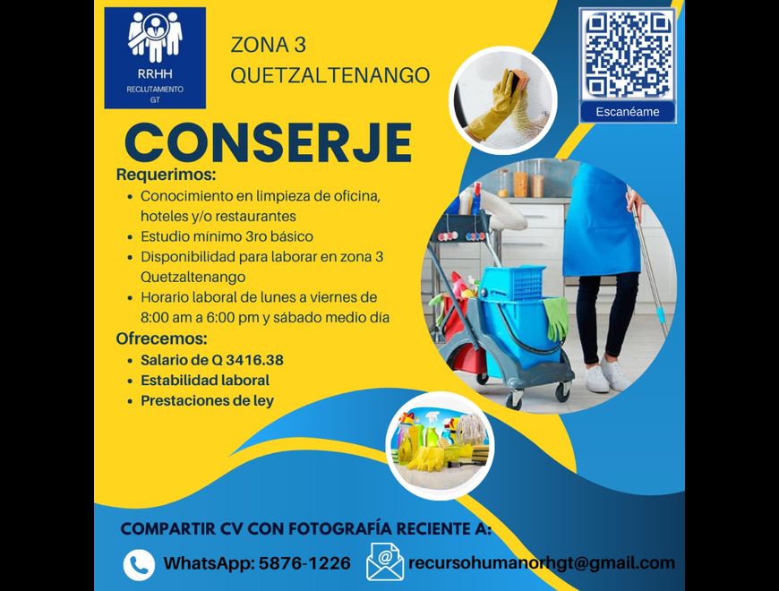 Conserje servicio al cliente limpieza quetzaltena en San Raymundo (Municipio)
