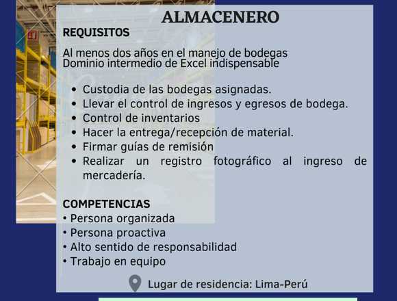 ALMACENERO/BODEGUERO en Callao (Callao 1) (Distrito)