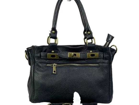 Bolso Satchel de Piel Auténtica Mujer.Color Negro