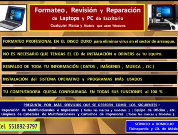 Formateo , Reparación y Servicio de Laptops y PC en Tlalnepantla de Baz (Municipio)