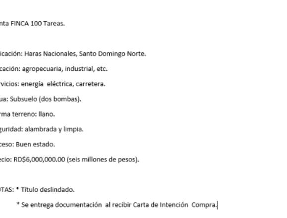 Venta Finca 100 Tareas Haras Nacionales en Santo Domingo Norte (Municipio)