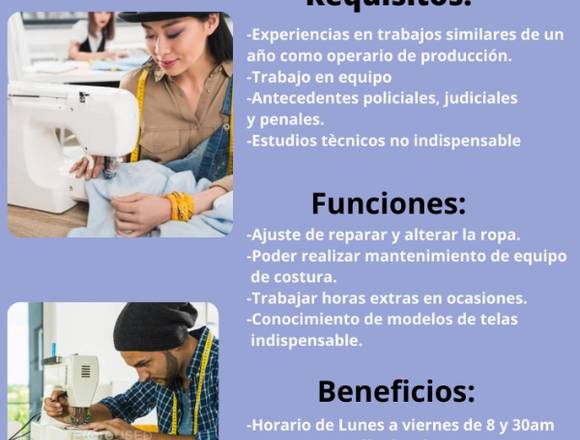Empresa solicita costureros con experiencias.