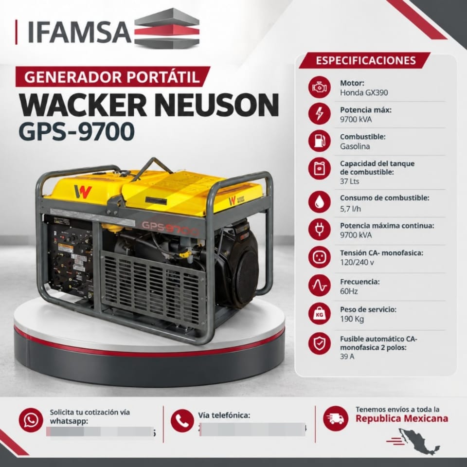 GENERADOR PORTÁTIL WACKER NEUSON GPS-9700 en Puebla (Municipio)