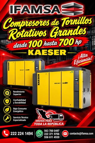 Compresor de tornillos rotativos grandes KAESER 100 a 700HP en Tlaxcala (Municipio)
