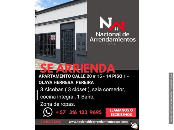 SE RENTA APARTAMENTO BARRIO OLAYA PEREIRA