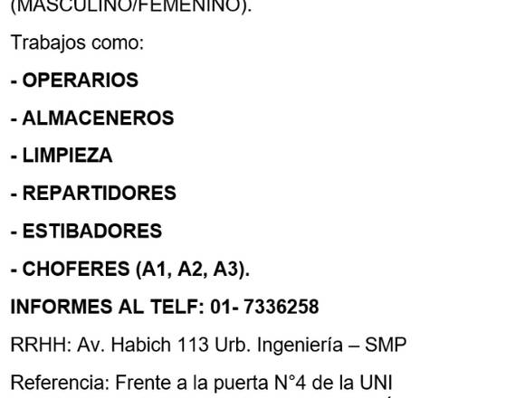 AYUDANTES DE PRODUCCIÓN en Carmen de la Legua Reynoso (Callao 3) (Distrito)