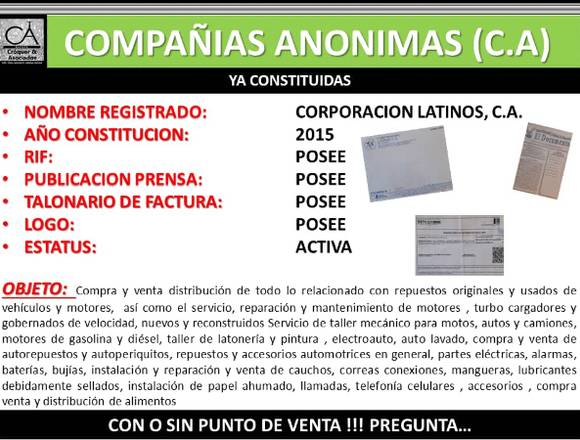 se vende, lista para facturar compañía anónima en Girardot (Municipio)