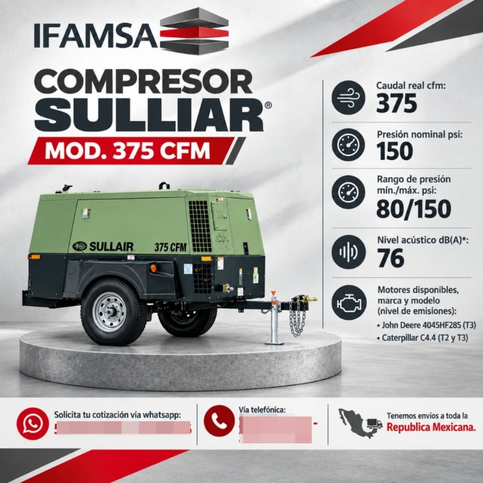 COMPRESOR SULLIAR MODELO 375 CFM en Puebla (Municipio)
