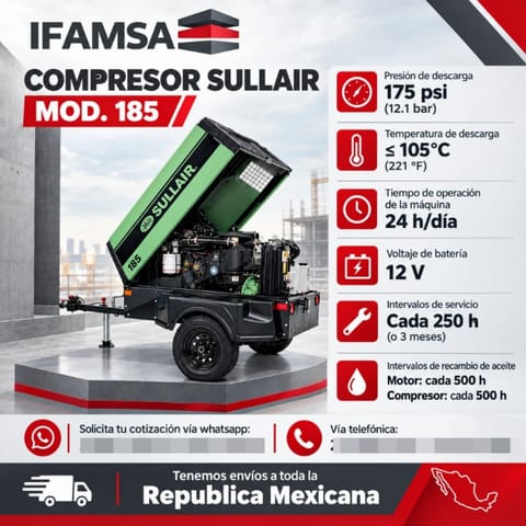 COMPRESOR SULLIAR MODELO 185 CFM en Puebla (Municipio)