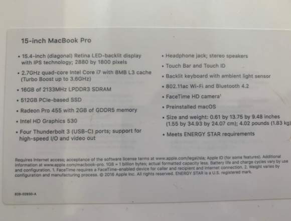 Macbook pro 15 pulgadas 512gb touch bar