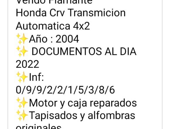 Vendo Flamante HONDA Crv Transmision Automatica en Ibarra (Cantón)