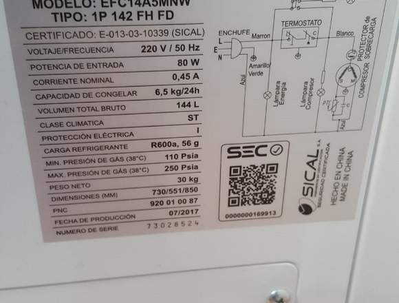 Conservadora de Alimentos Electrolux 140Lt en Valparaíso (Comuna)