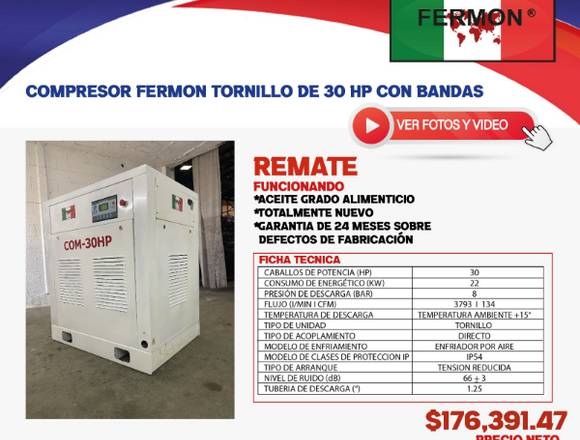 COMPRESOR DE TOR. FERMON GRADO ALIMENTICIO 30 HP