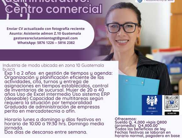 Asistente administrativo centro comercial en Ciudad de Guatemala (Municipio)