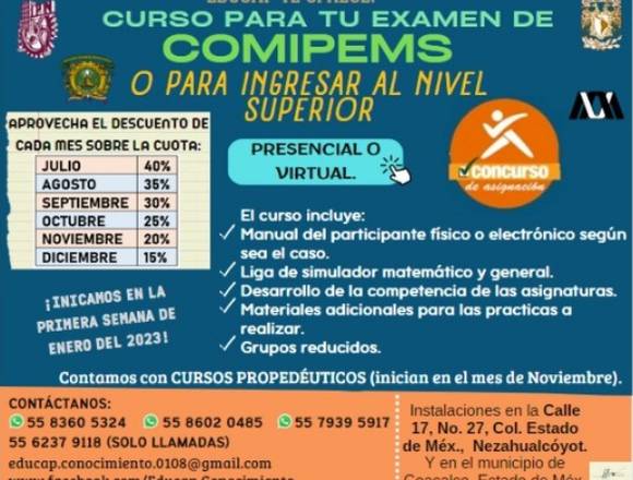 Curso COMIPEMS. En Neza y Coacalco o en línea.