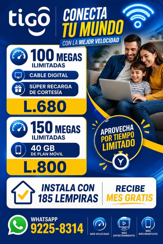 Internet más cable y hasta puedes obtenerlo junto con Plan Móvil en Distrito Central (Municipio)