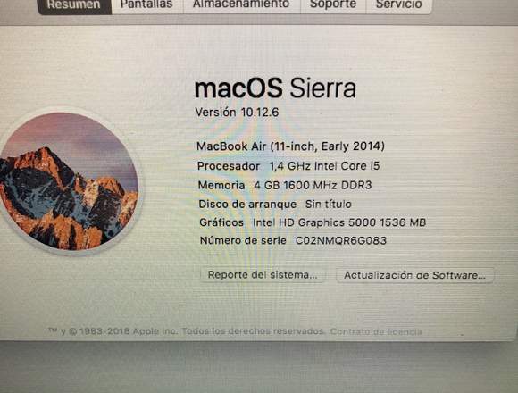 Macbook Air 11”, (Early 2014) en Santiago (Comuna)