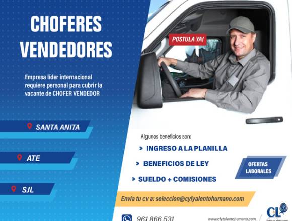 30 CHOFER VENDEDOR - ATE, SANTA ANITA, SJL en Ate (Lima 3) (Distrito)