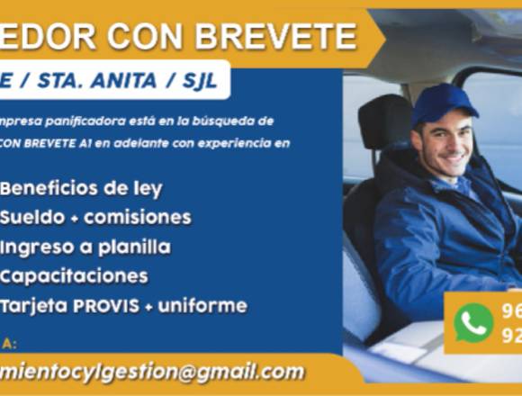 Conductor Vendedor con Brevete A1 - SJL/Ate en Lima (Lima 1) (Distrito)