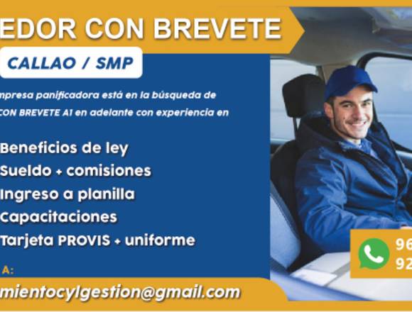 Conductor Vendedor con Brevete A1 - SMP/Callao en Lima (Lima 1) (Distrito)