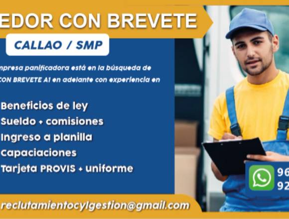Chofer Vendedor - Brevete A1 - Callado/SMP en Lima (Lima 1) (Distrito)