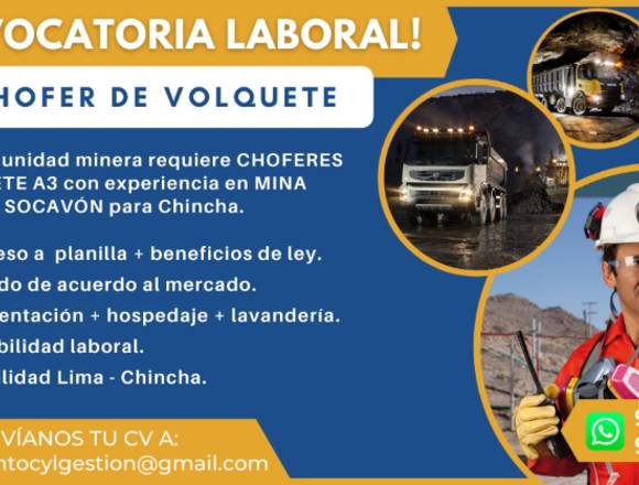 OPERADOR DE VOLQUETE-CHINCHA ALTA en Chincha Alta (Distrito)