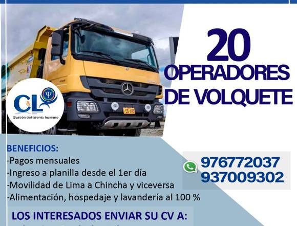 SE REQUIERE OPERADOR DE VOLQUETE SOCAVÓN-ICA en Ica (Distrito)