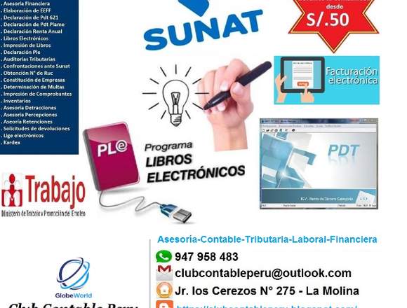 CONTABILIDAD DESDE S/ 50.00 SOLES - CONTADOR en La Molina (Lima 12) (Distrito)