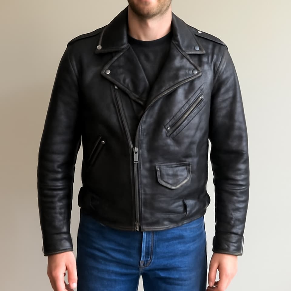 Jaket Biker Kulit Asli, Hitam, Ukuran L — Sedikit Terpakai