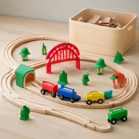 Grand ensemble de train en bois avec rails et accessoires à Lucy (Commune)