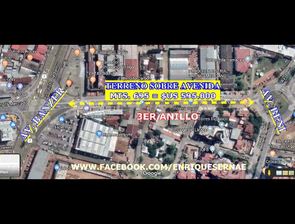 SOBRE AV. TERRENO EN VTA – AV. BANZER Y BENI 3ER en Santa Cruz (Localidad)
